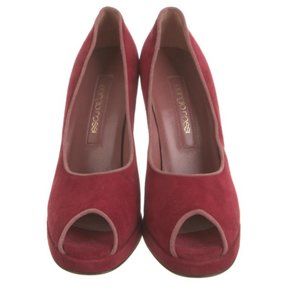 Sergio Rossi Contrast Piping Maroon Suede Peep Toe Chunky Heels